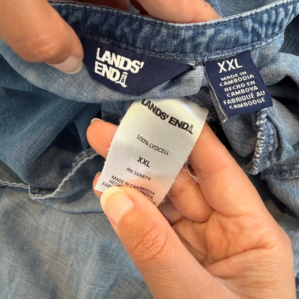 Lands End XXL chambray Denim Tiered Sleeveless Maxi Dress Drawstring Waist - Picture 2 of 7